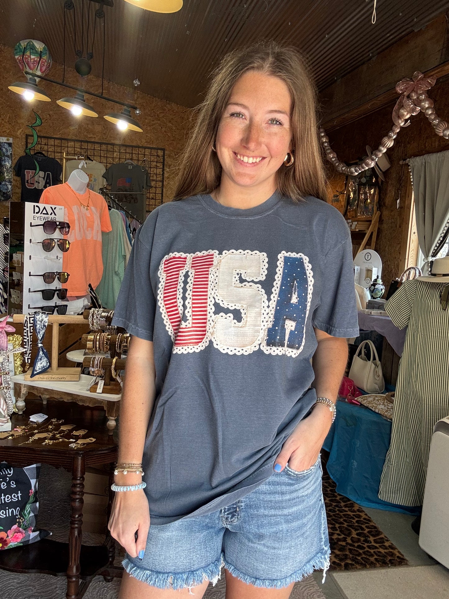 USA Lace Graphic Tee on Denim