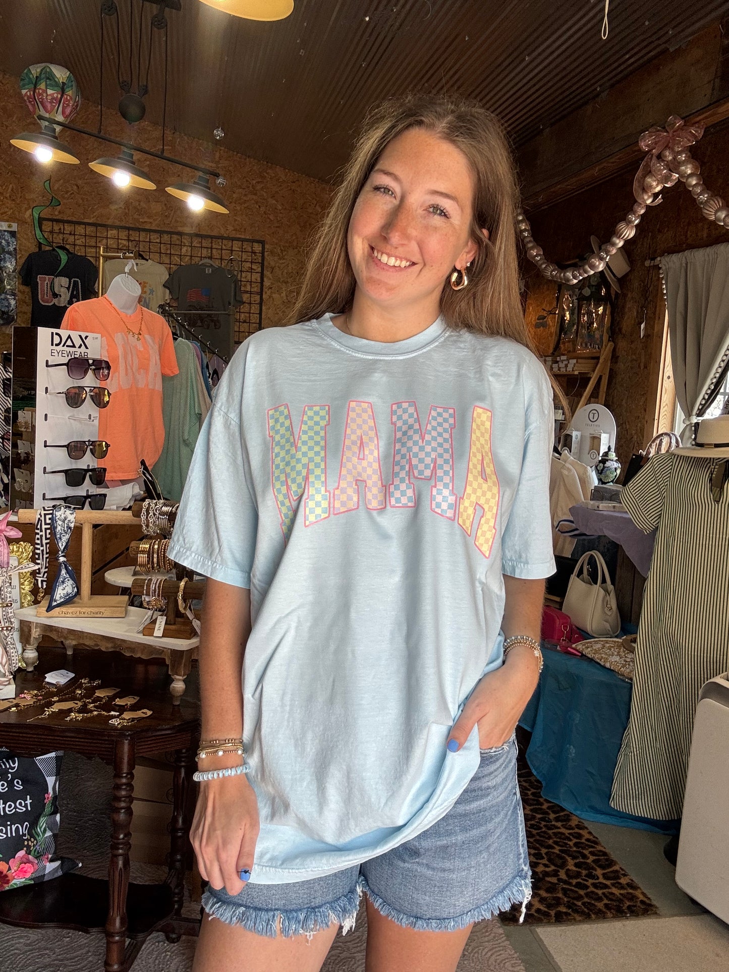 Pastel Checkered MAMA Graphic Tee on Chambray