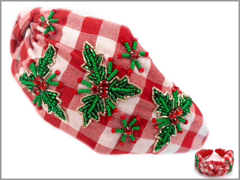 Christmas Mistletoe Crystal Seed Beaded Top Knotted Headband