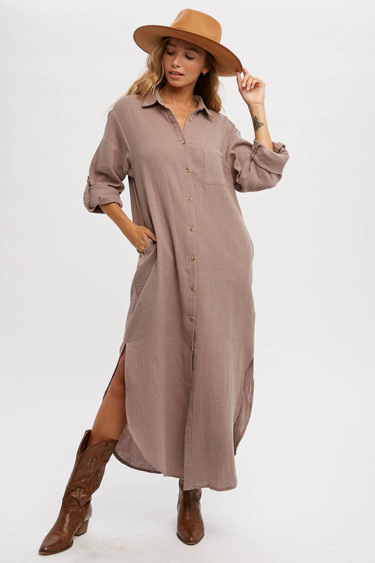 BUTTON UP MAXI SHIRT DRESS WITH POCKET