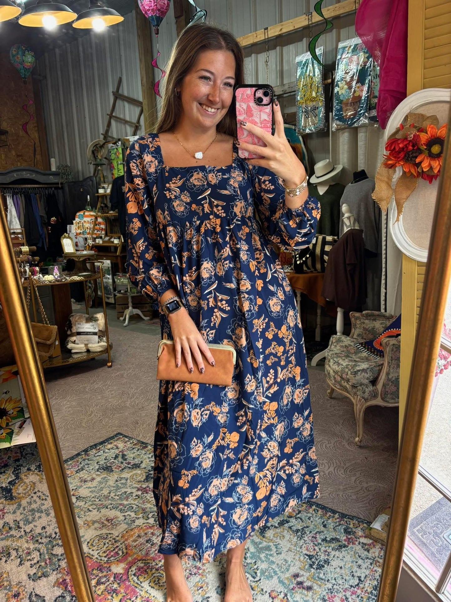 Navy Romantic Floral Midi Dress