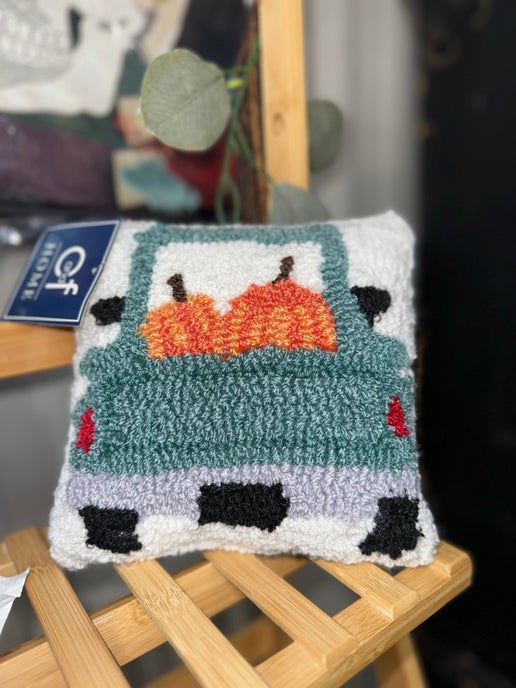 Fall Harvest Blue Retro Truck With Pumpkins Throw Pillow