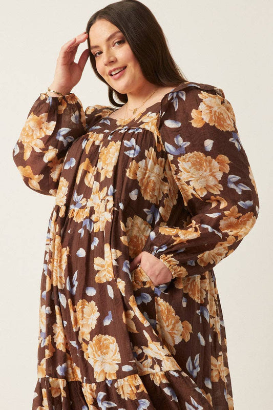 Brown Romantic Floral Long Sleeve Dress