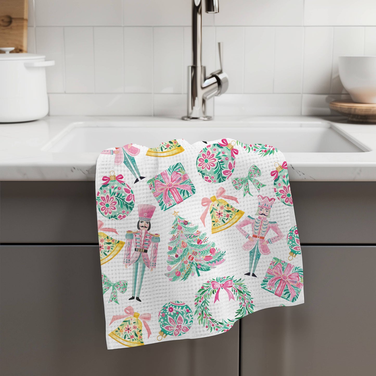 Nutcracker Pink Chinoiserie Christmas Kitchen Towel Waffle