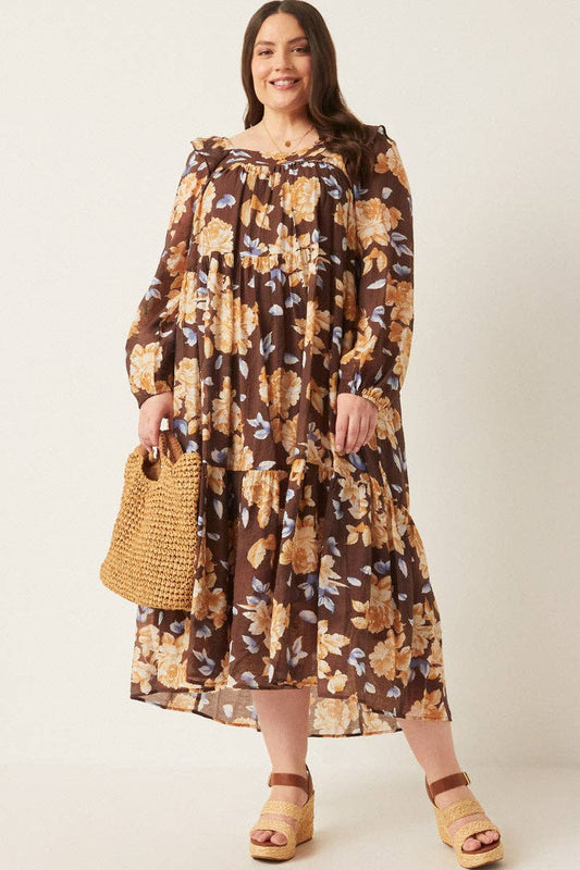 Brown Romantic Floral Long Sleeve Dress