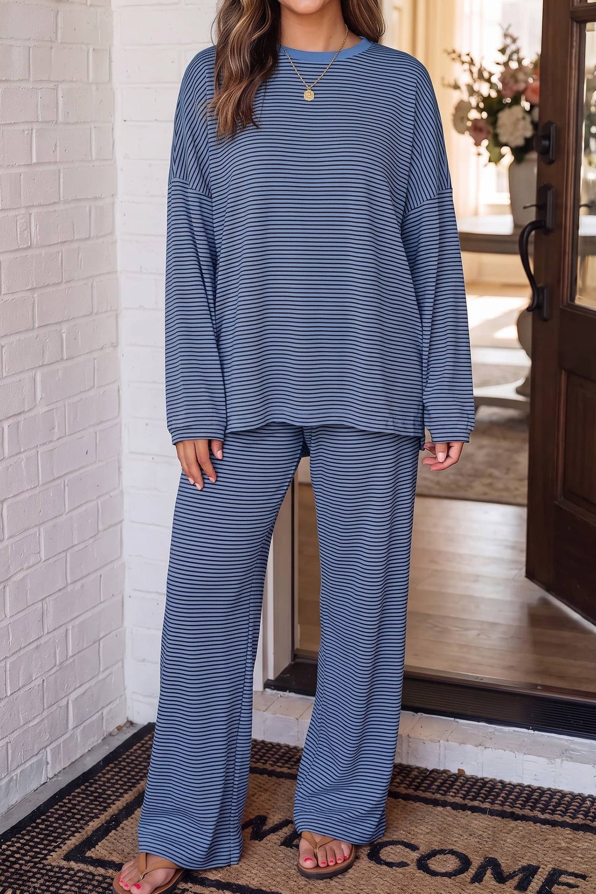 LAS Striped Oversize 2pcs Casual Shift Lounge Set (S-XL)