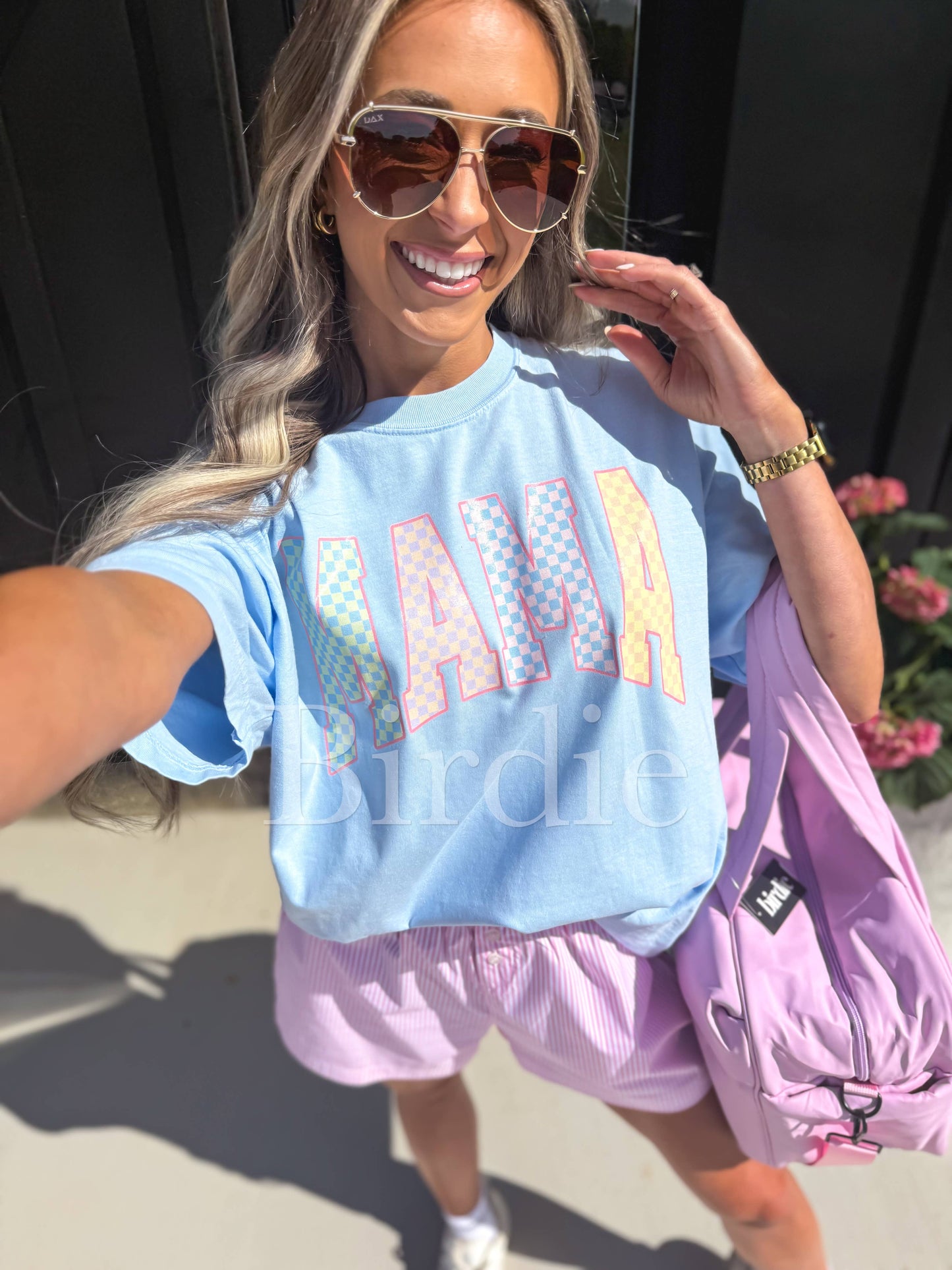 Pastel Checkered MAMA Graphic Tee on Chambray