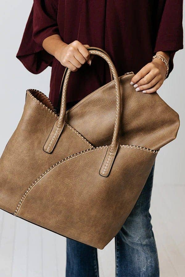 2-in-1 Stitch Trim Detail Shoulder/Tote Set Bag