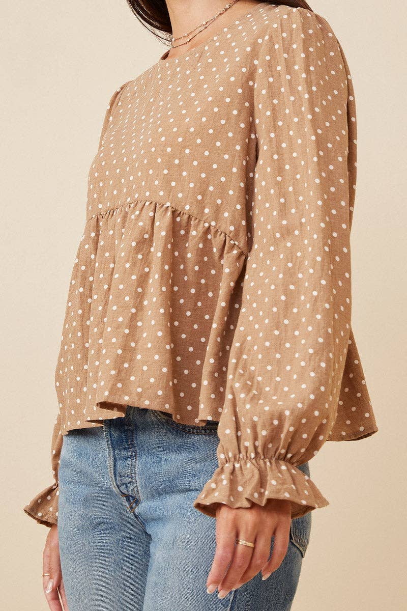 Womens Polka Dot Cinched Cuff Peplum Top