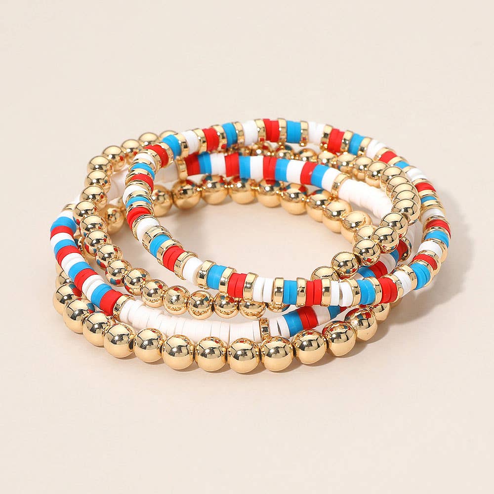 4PCS - American USA Theme Heishi Beaded Stretch Multi Layered Bracelets