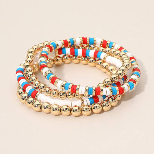 4PCS - American USA Theme Heishi Beaded Stretch Multi Layered Bracelets