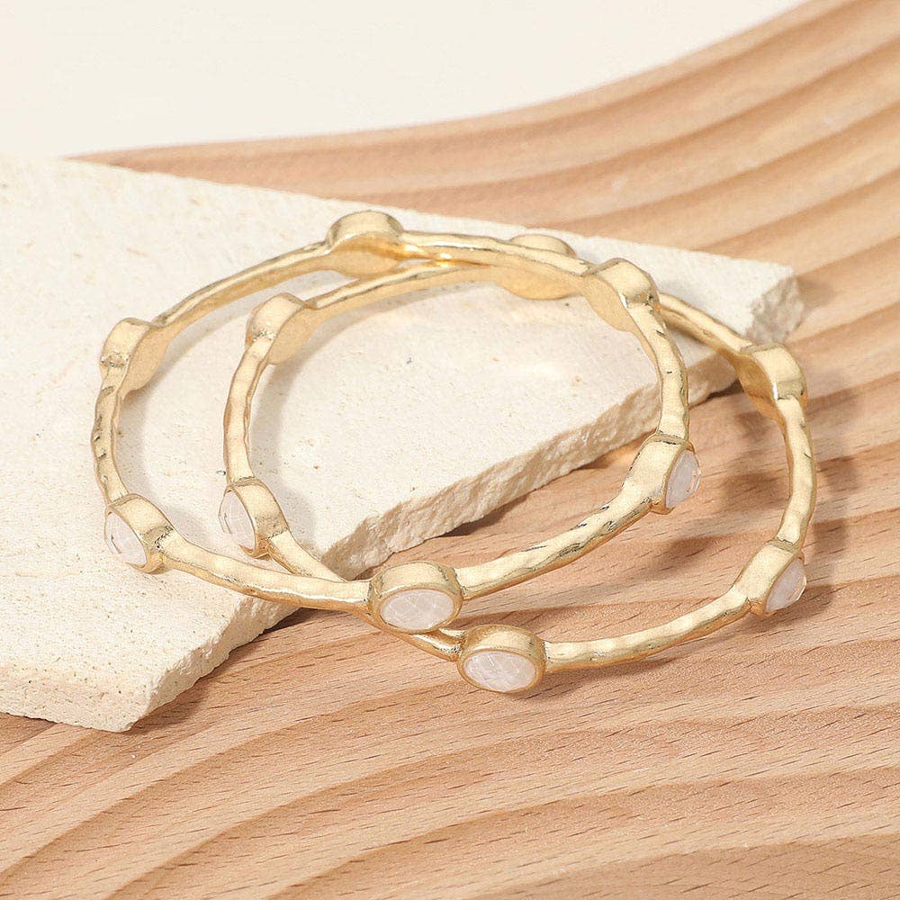 2PCS - Oval Stone Accent Hammered Metal Multi Layered Bangle Bracelets