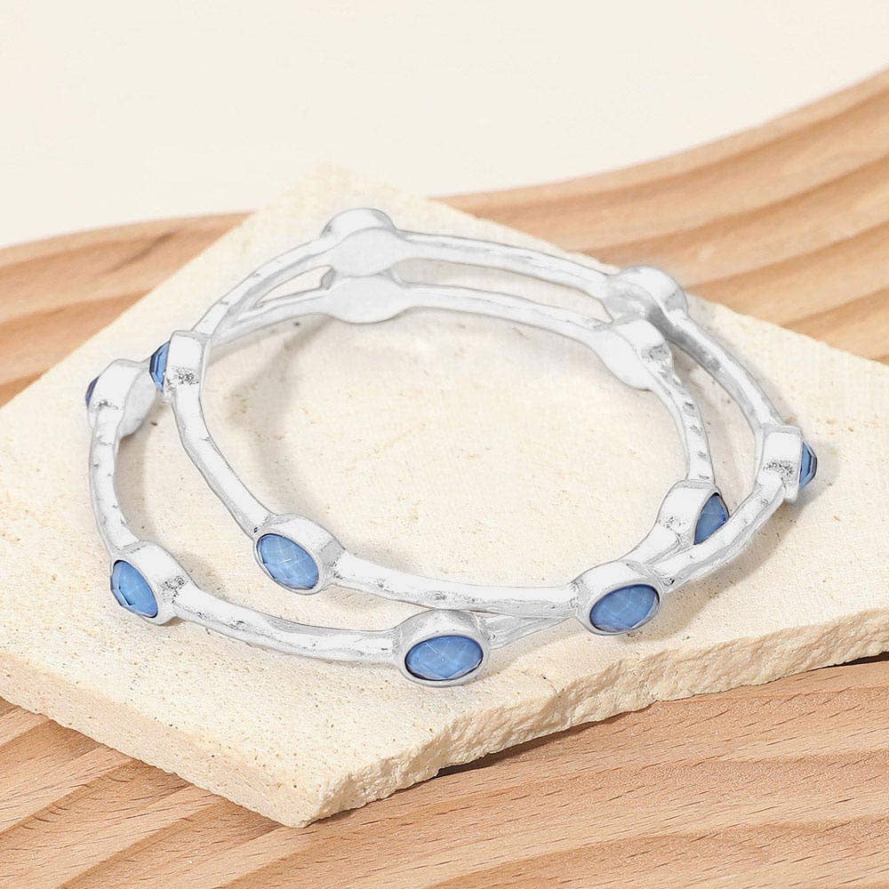 2PCS - Oval Stone Accent Hammered Metal Multi Layered Bangle Bracelets