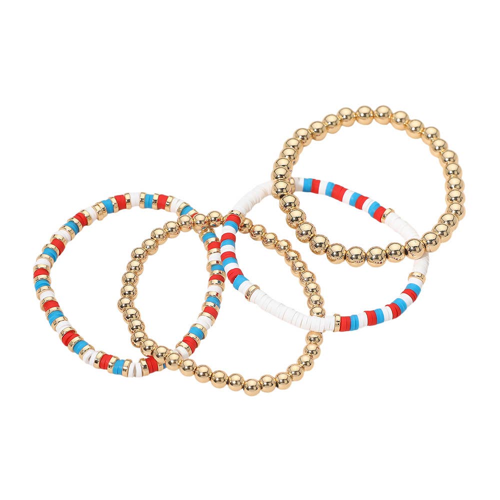 4PCS - American USA Theme Heishi Beaded Stretch Multi Layered Bracelets