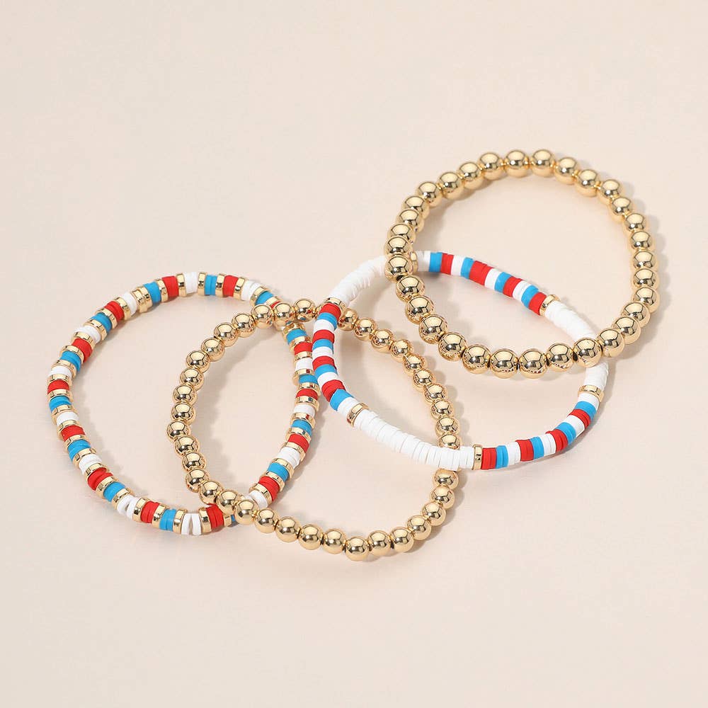 4PCS - American USA Theme Heishi Beaded Stretch Multi Layered Bracelets