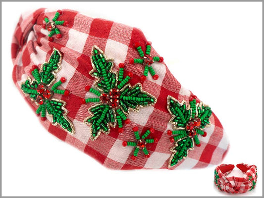Christmas Mistletoe Crystal Seed Beaded Top Knotted Headband