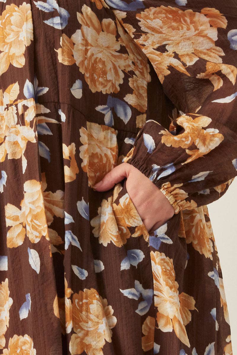 Brown Romantic Floral Long Sleeve Dress