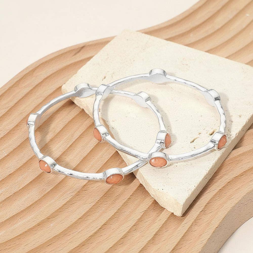 2PCS - Oval Stone Accent Hammered Metal Multi Layered Bangle Bracelets