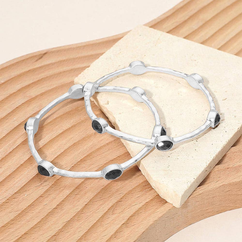 2PCS - Oval Stone Accent Hammered Metal Multi Layered Bangle Bracelets