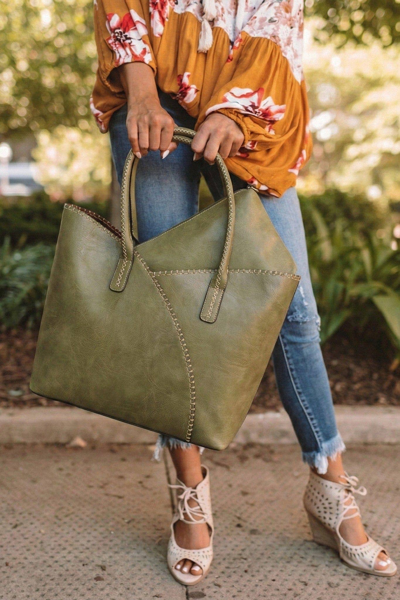 2-in-1 Stitch Trim Detail Shoulder/Tote Set Bag