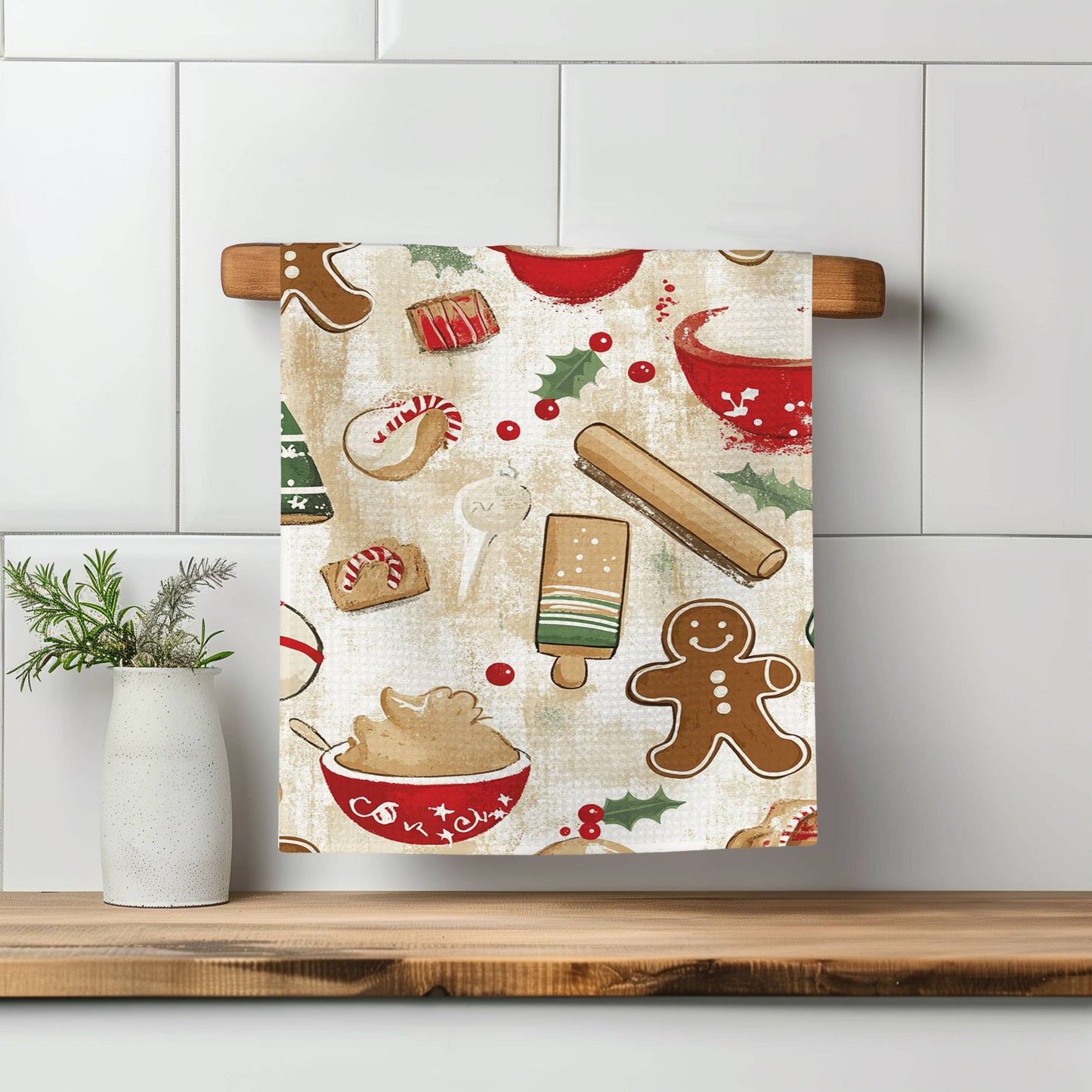 Christmas Cookie Kitchen Tea Towel Waffle Holiday Baking
