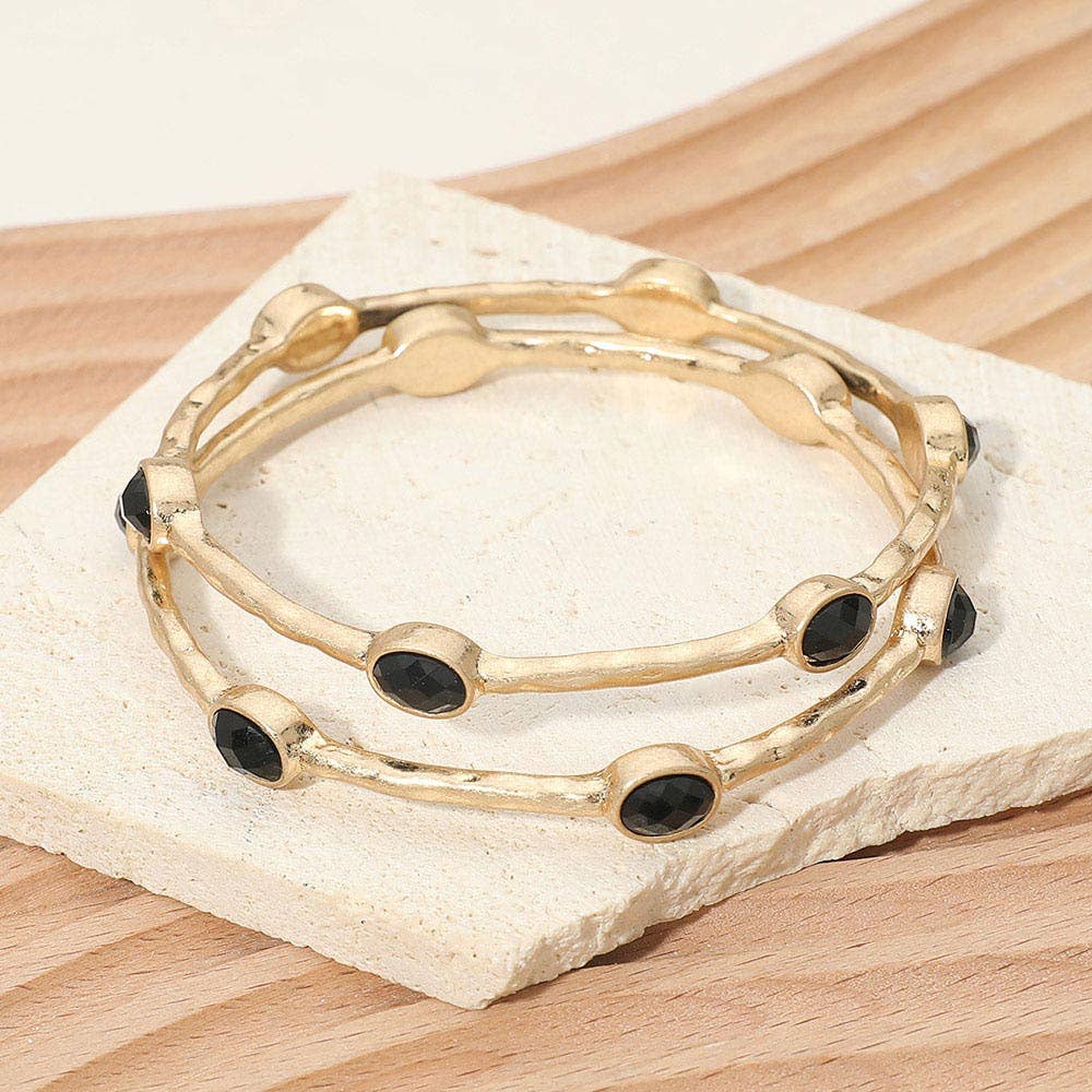 2PCS - Oval Stone Accent Hammered Metal Multi Layered Bangle Bracelets