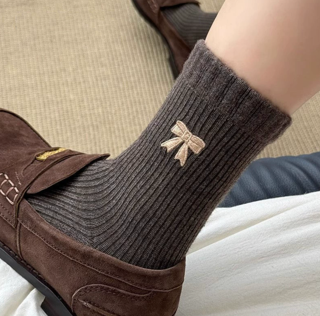 Ribbed Bow Embroidery Socks (JEMMA)