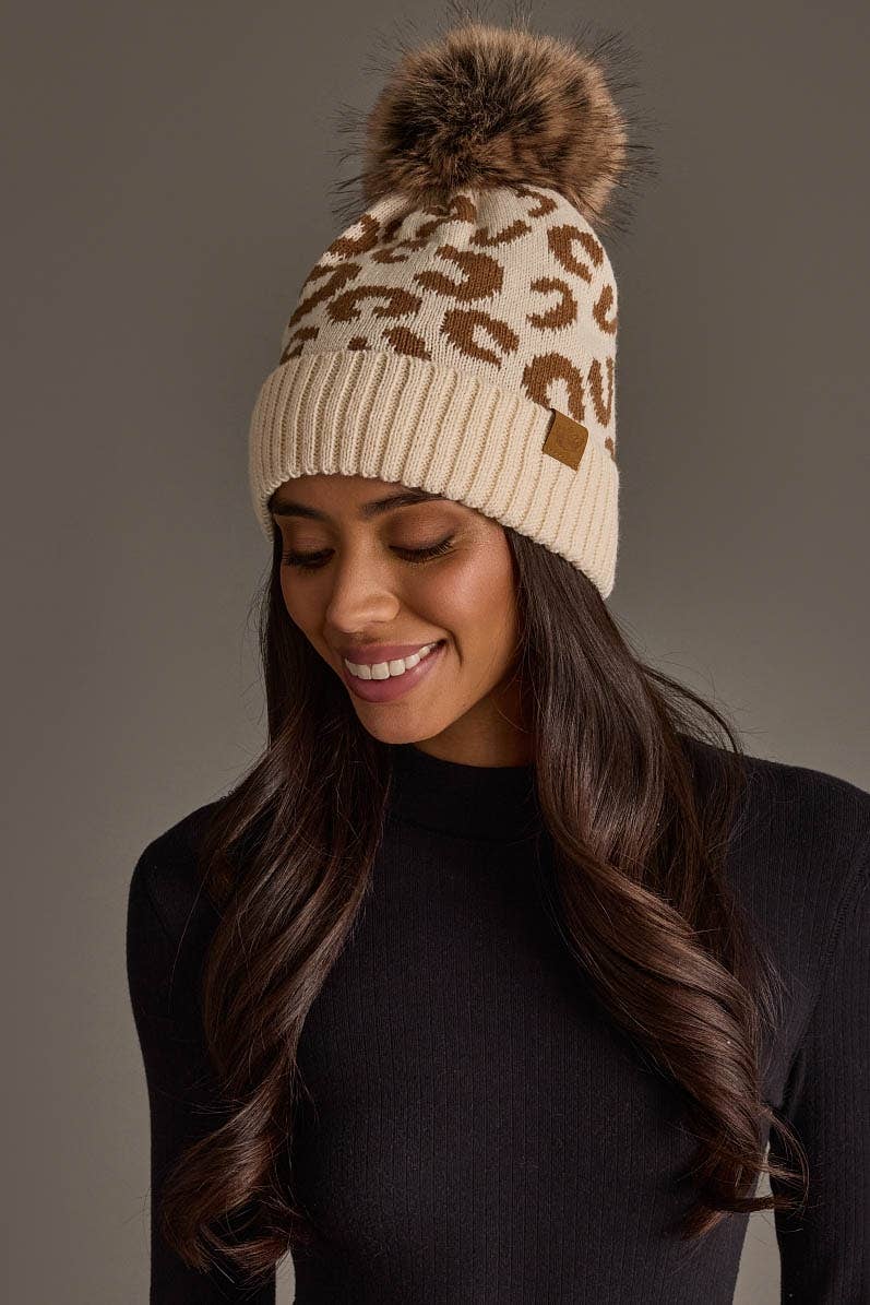 Cream Leopard Pattern Knit Pom Hat