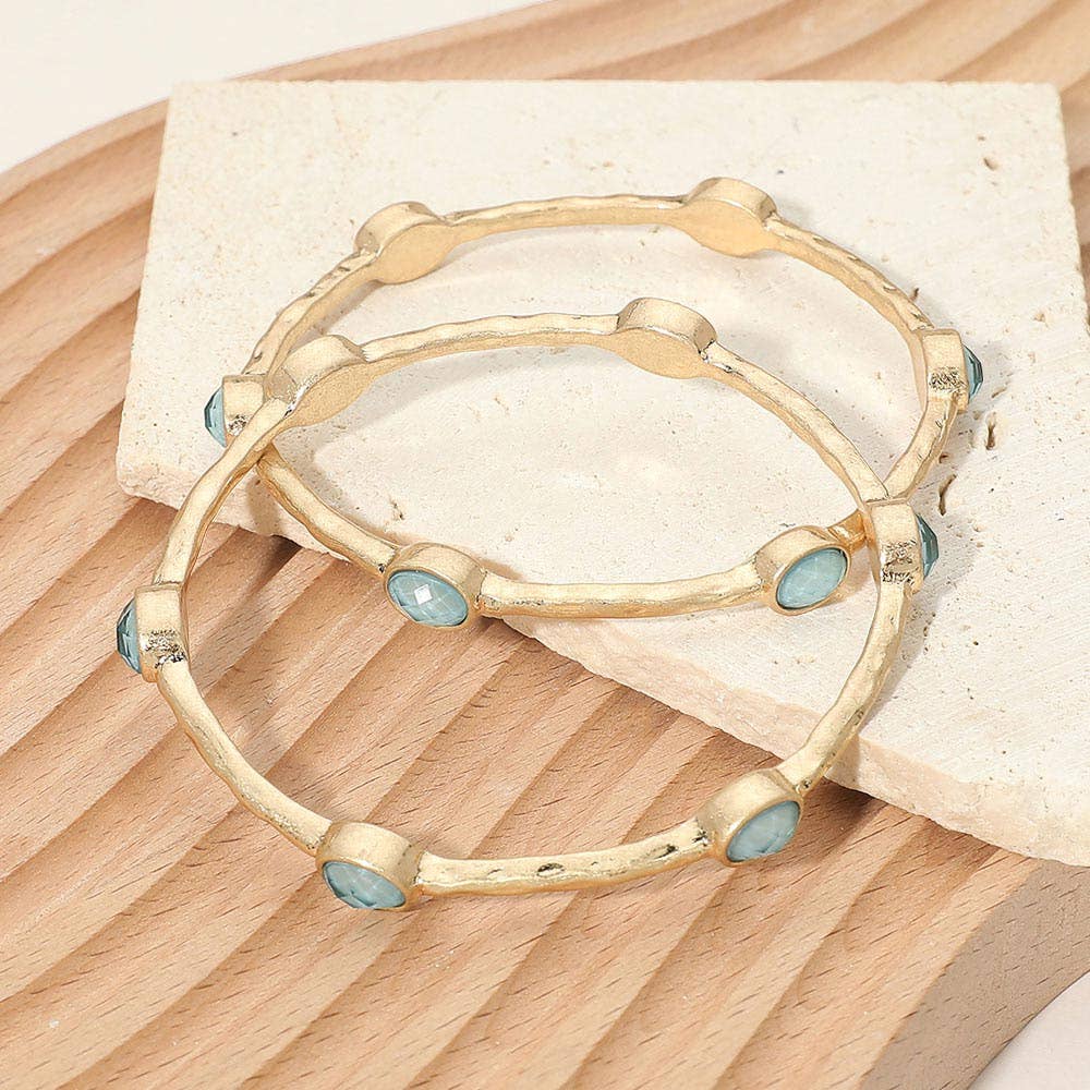2PCS - Oval Stone Accent Hammered Metal Multi Layered Bangle Bracelets