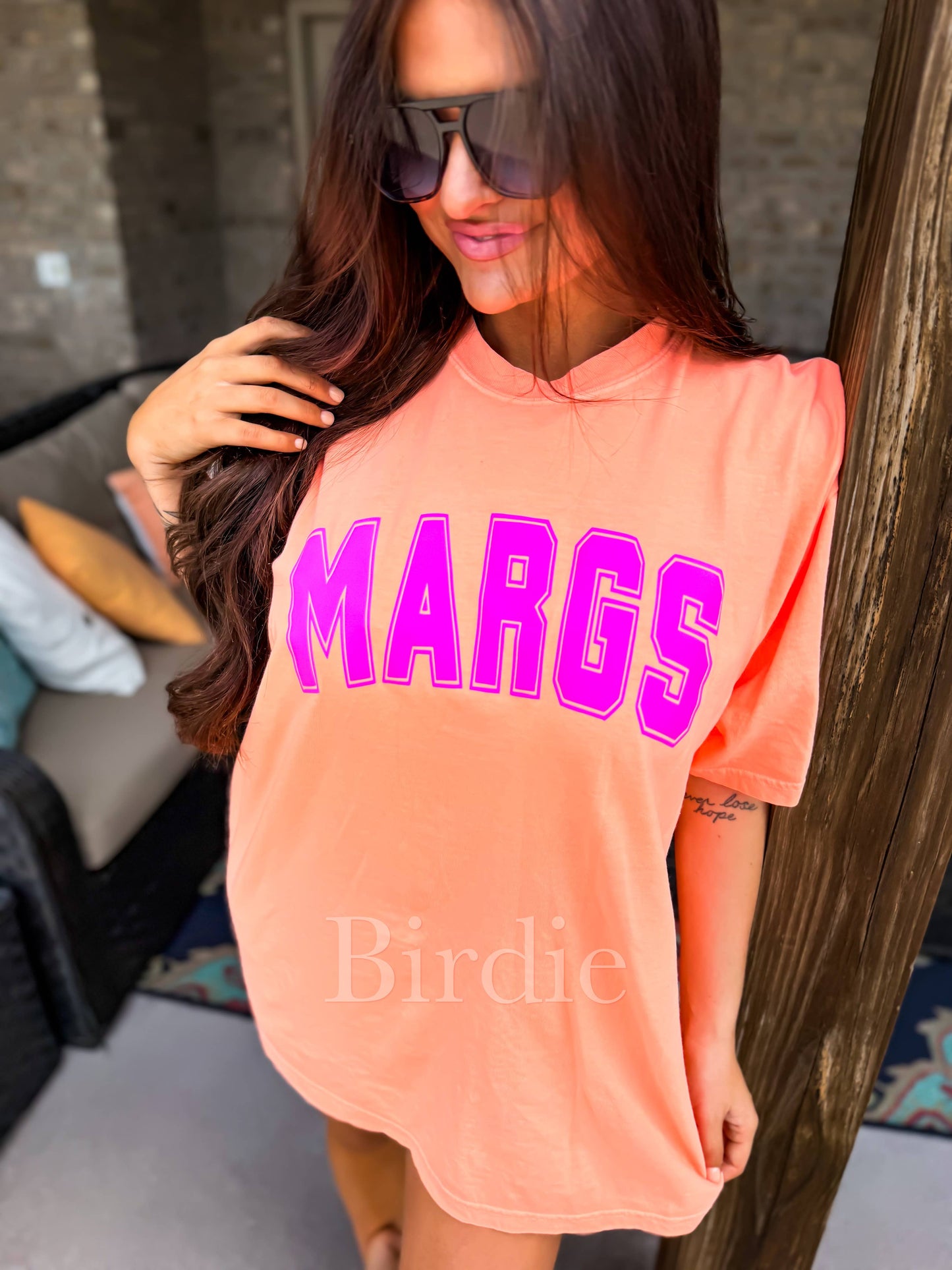 Margs Vinyl Graphic Tee on Neon Cantaloupe