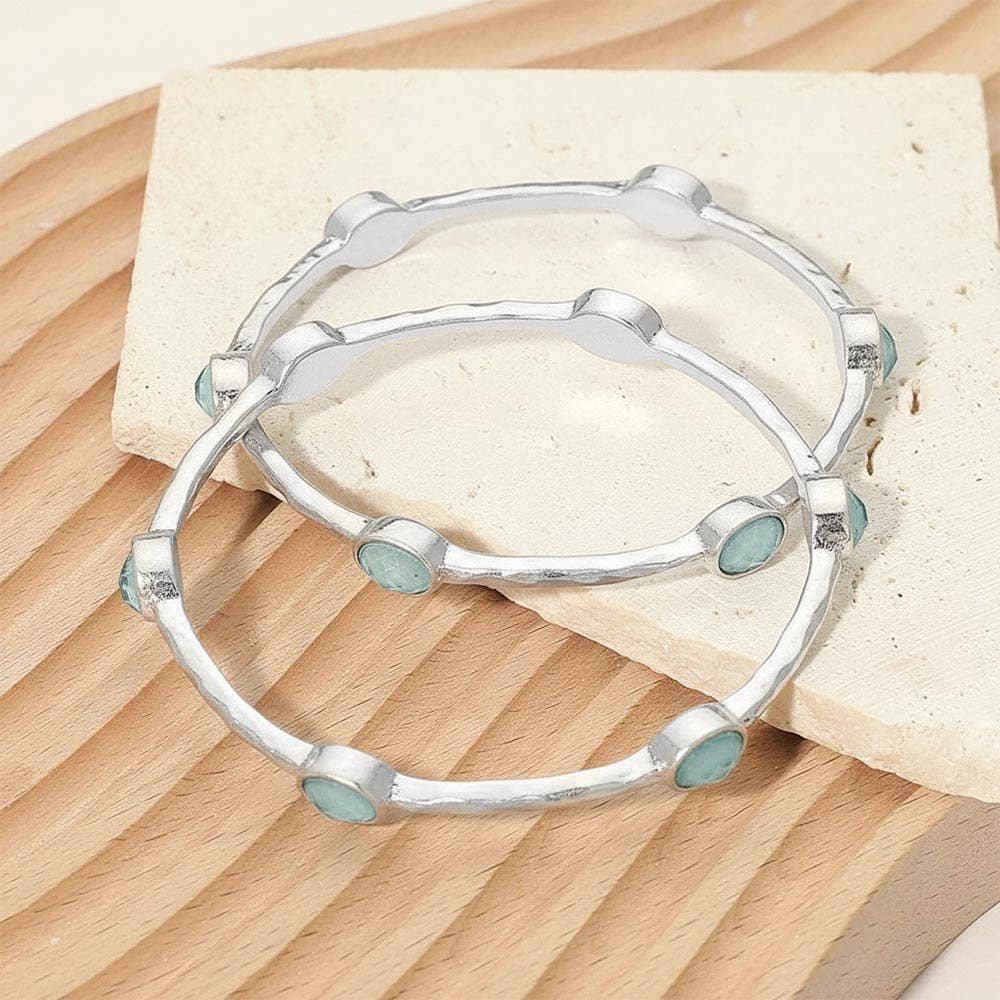 2PCS - Oval Stone Accent Hammered Metal Multi Layered Bangle Bracelets