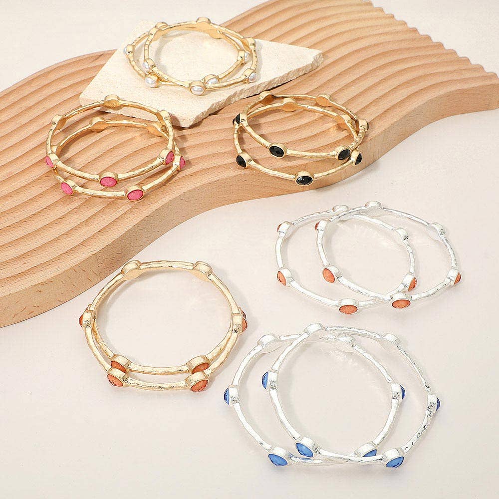 2PCS - Oval Stone Accent Hammered Metal Multi Layered Bangle Bracelets