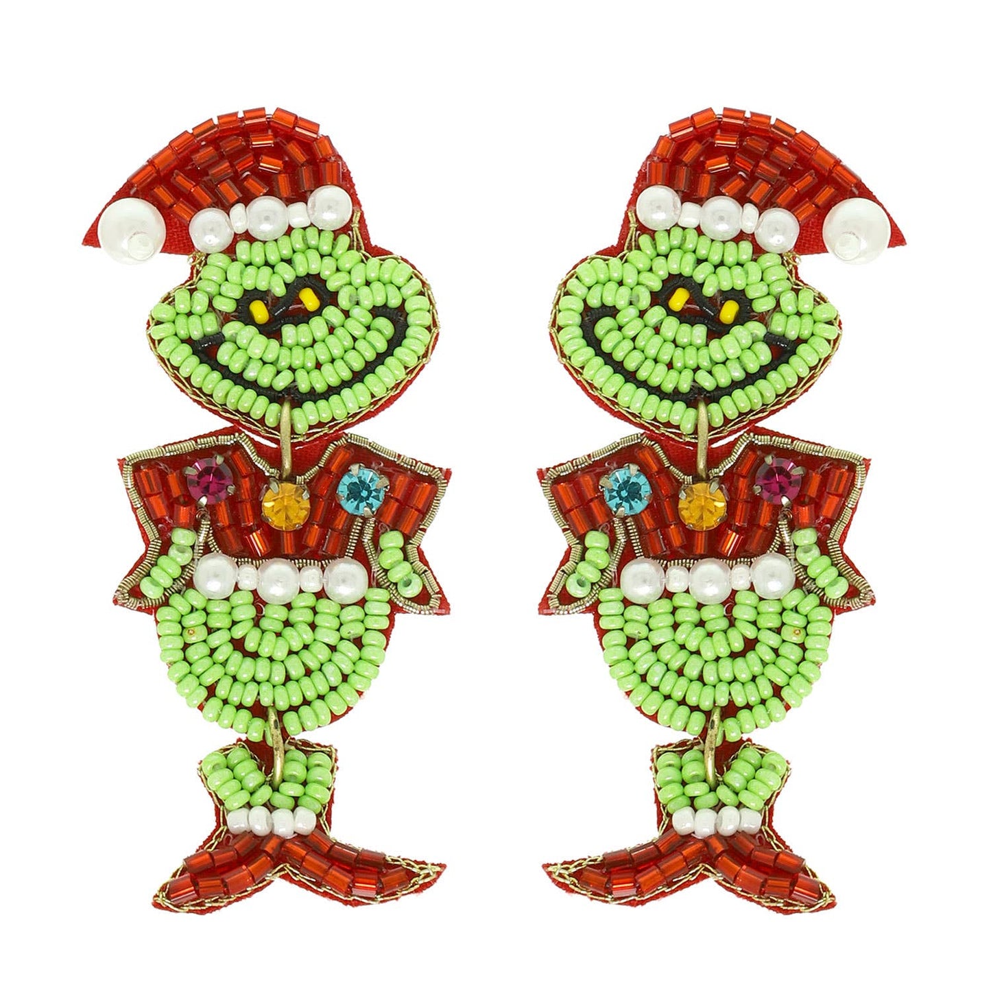 Christmas Hand-Beaded Grinch Post Dangle Earrings