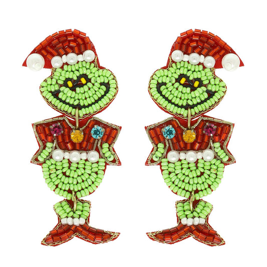 Christmas Hand-Beaded Grinch Post Dangle Earrings