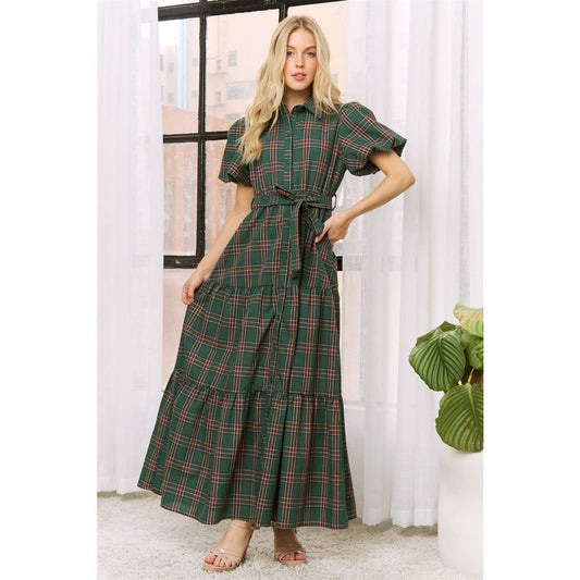 HOLIDAY PLAID MAXI WITH PUFF SLEEVE
