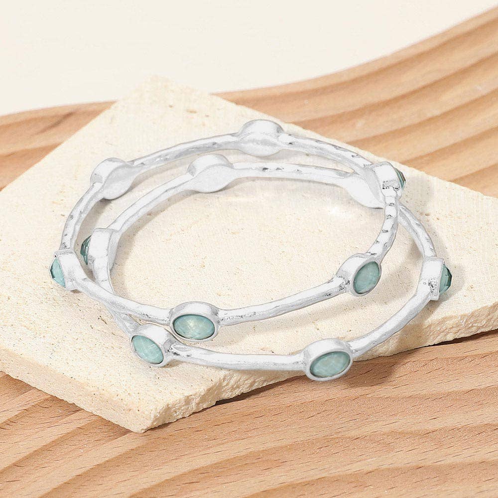 2PCS - Oval Stone Accent Hammered Metal Multi Layered Bangle Bracelets