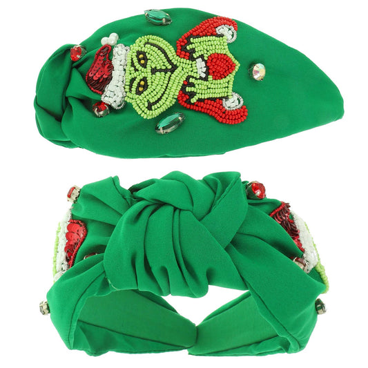 Christmas Grinch Hand Heart Top Knotted Headband
