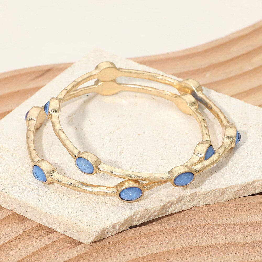 2PCS - Oval Stone Accent Hammered Metal Multi Layered Bangle Bracelets