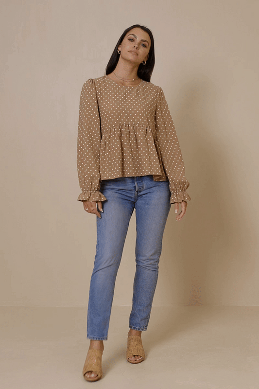 Womens Polka Dot Cinched Cuff Peplum Top