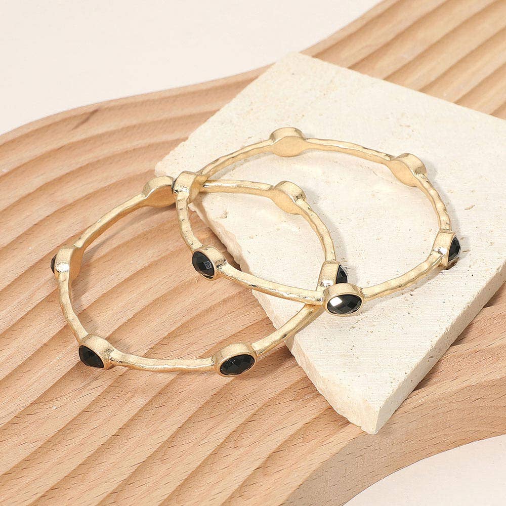 2PCS - Oval Stone Accent Hammered Metal Multi Layered Bangle Bracelets