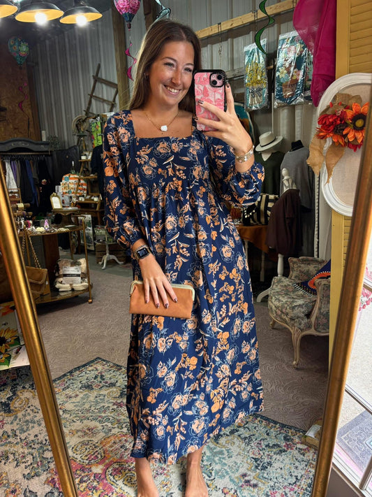 Navy Romantic Floral Midi Dress