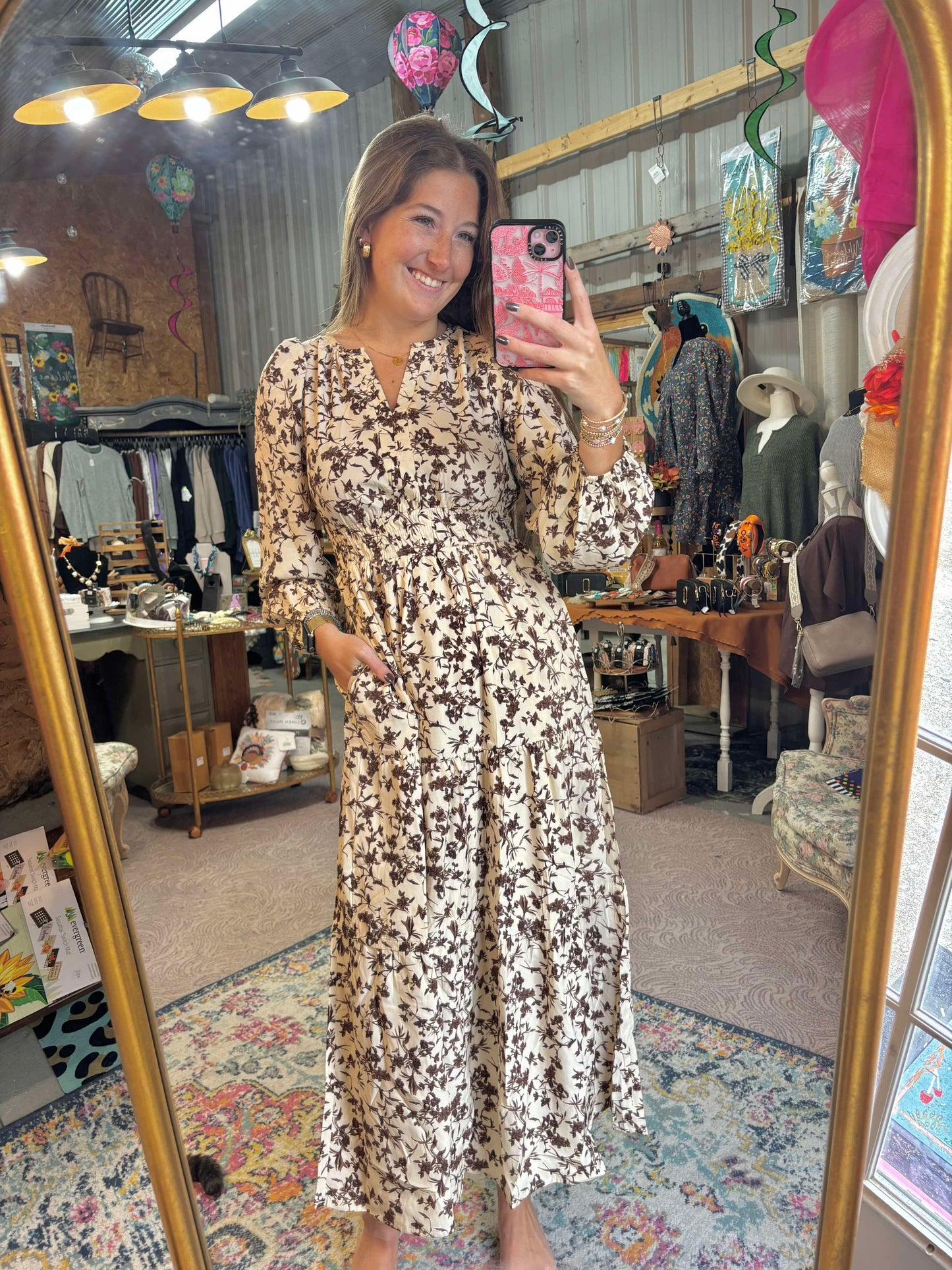 FLORAL PRINT LONG SLEEVE MIDI DRESS