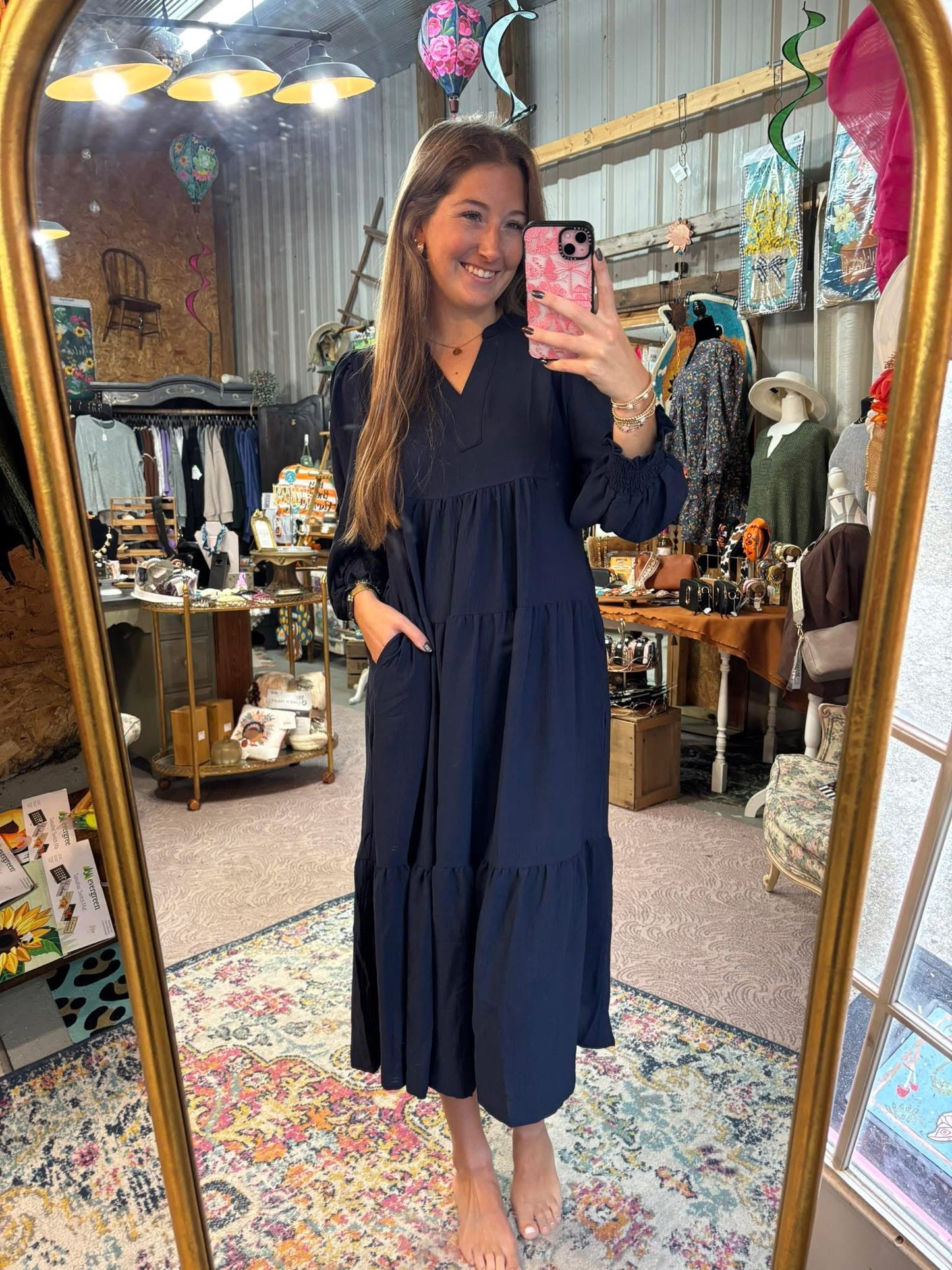 Navy Tiered Midi Dress