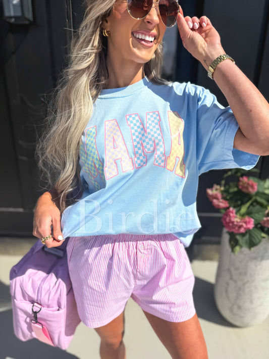 Pastel Checkered MAMA Graphic Tee on Chambray