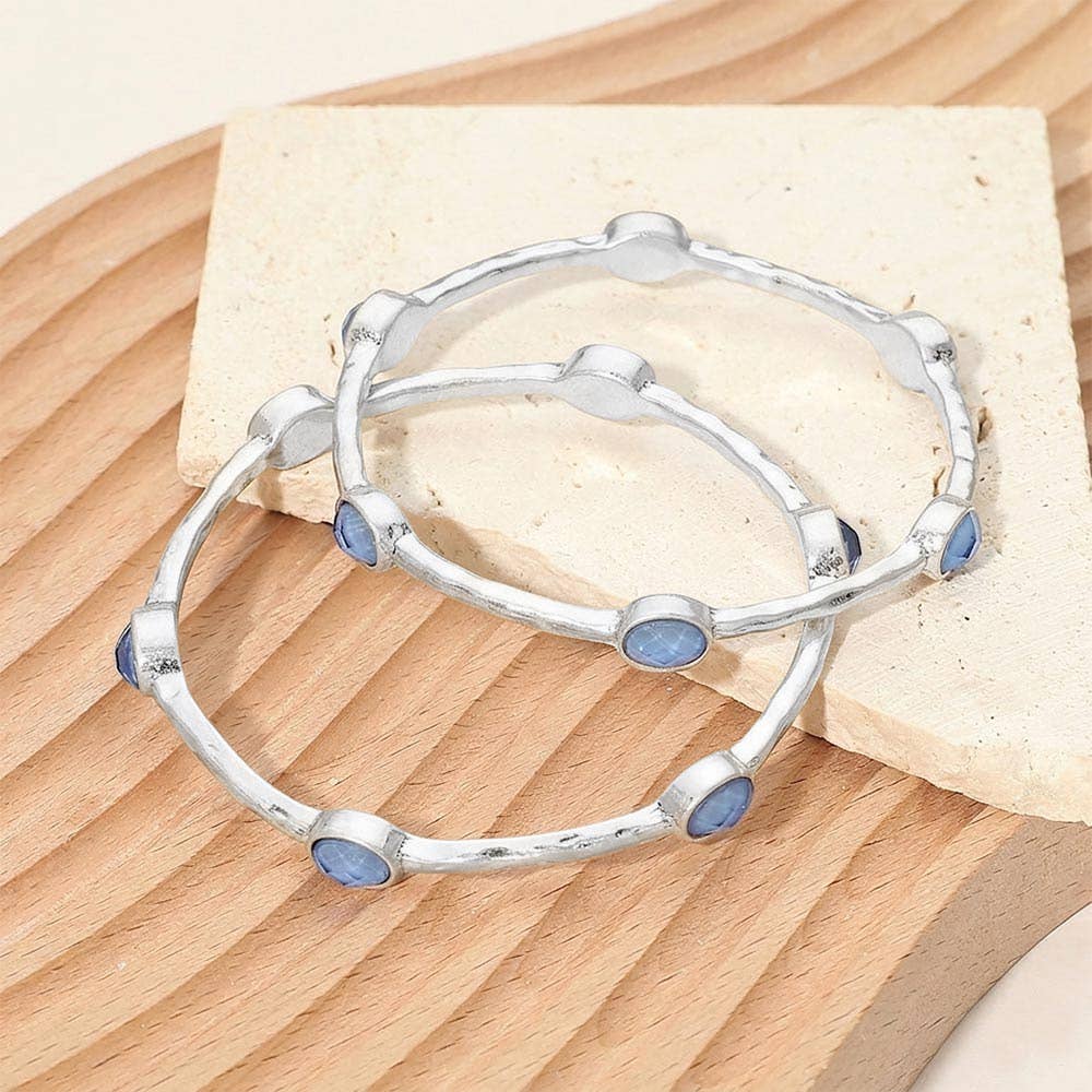 2PCS - Oval Stone Accent Hammered Metal Multi Layered Bangle Bracelets