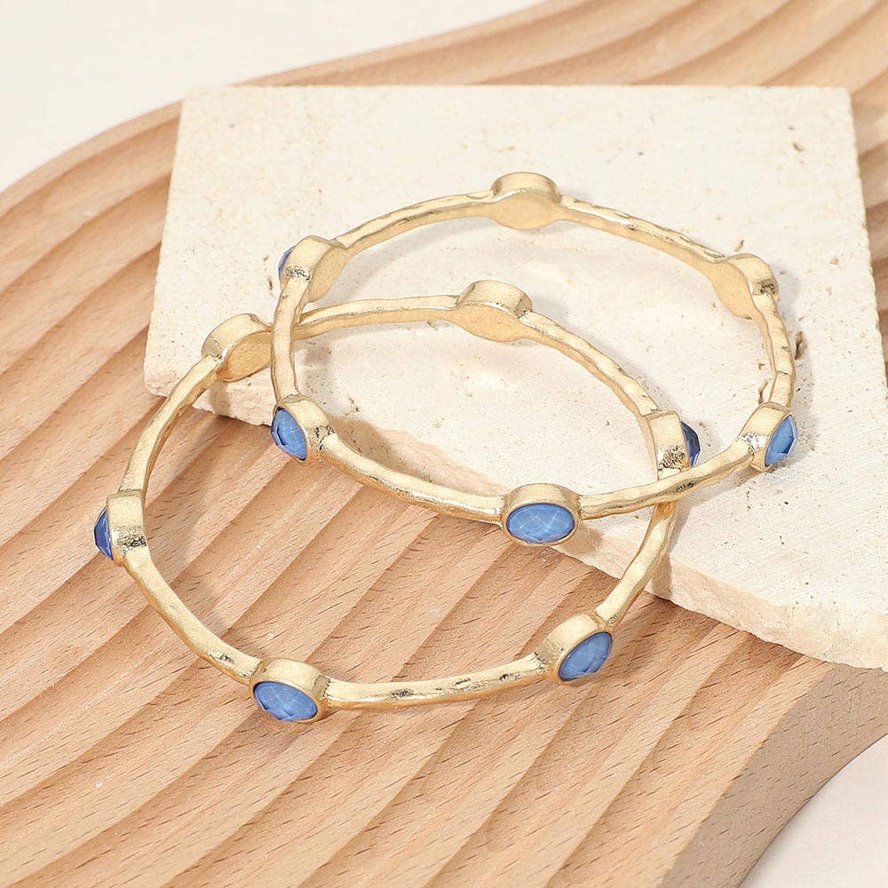 2PCS - Oval Stone Accent Hammered Metal Multi Layered Bangle Bracelets
