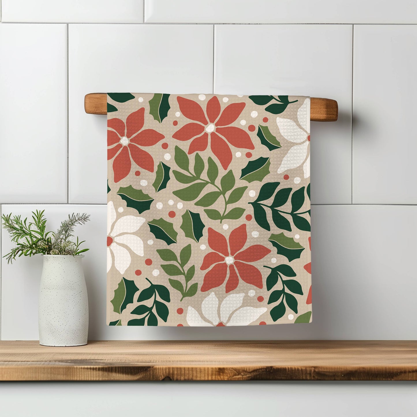 Christmas Poinsettia Kitchen Tea Towel Waffle Holiday Baking