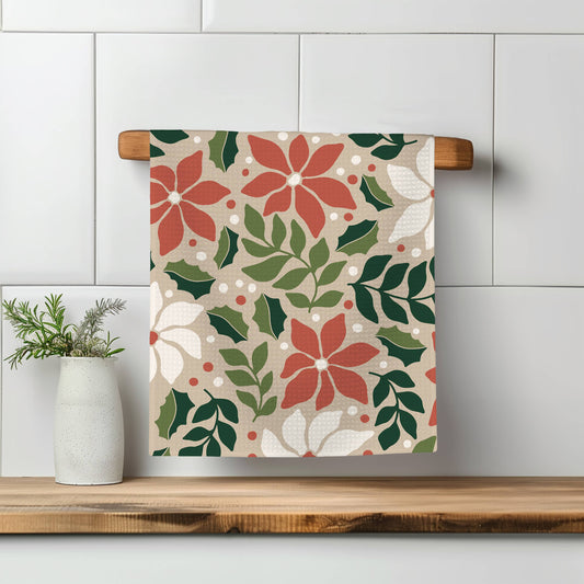 Christmas Poinsettia Kitchen Tea Towel Waffle Holiday Baking