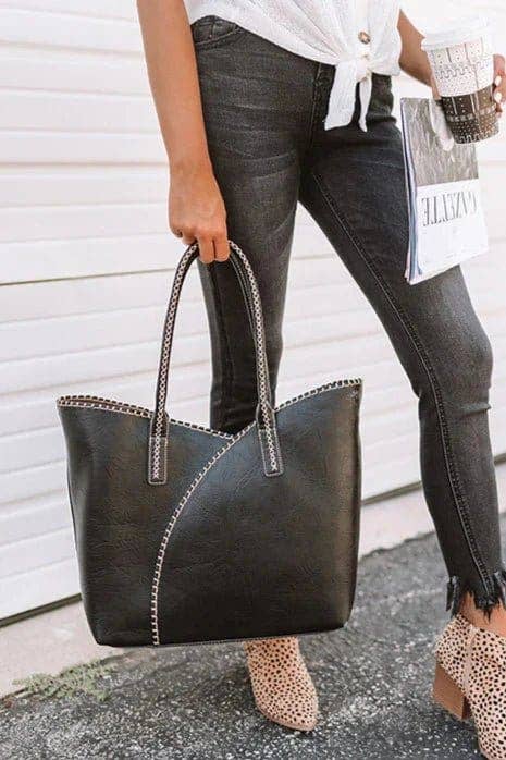 2-in-1 Stitch Trim Detail Shoulder/Tote Set Bag