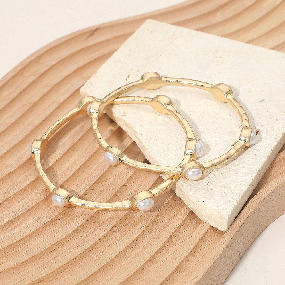 2PCS - Oval Stone Accent Hammered Metal Multi Layered Bangle Bracelets